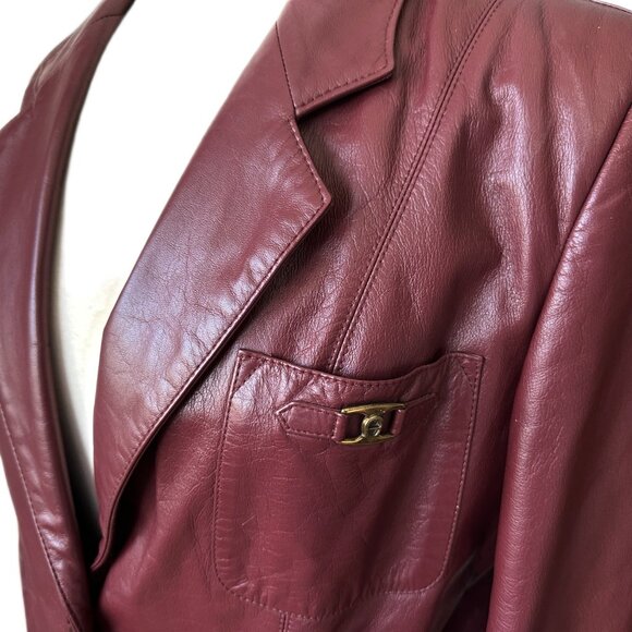 Vintage 80s Etienne Aigner Antic Red Leather Blazer Jacket - Preppy Posh - XL - Picture 3 of 8
